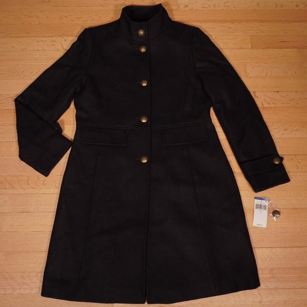 Lauren Ralph Lauren Stand-Collar Coat Black Wool Polyester Size 8 Brand New